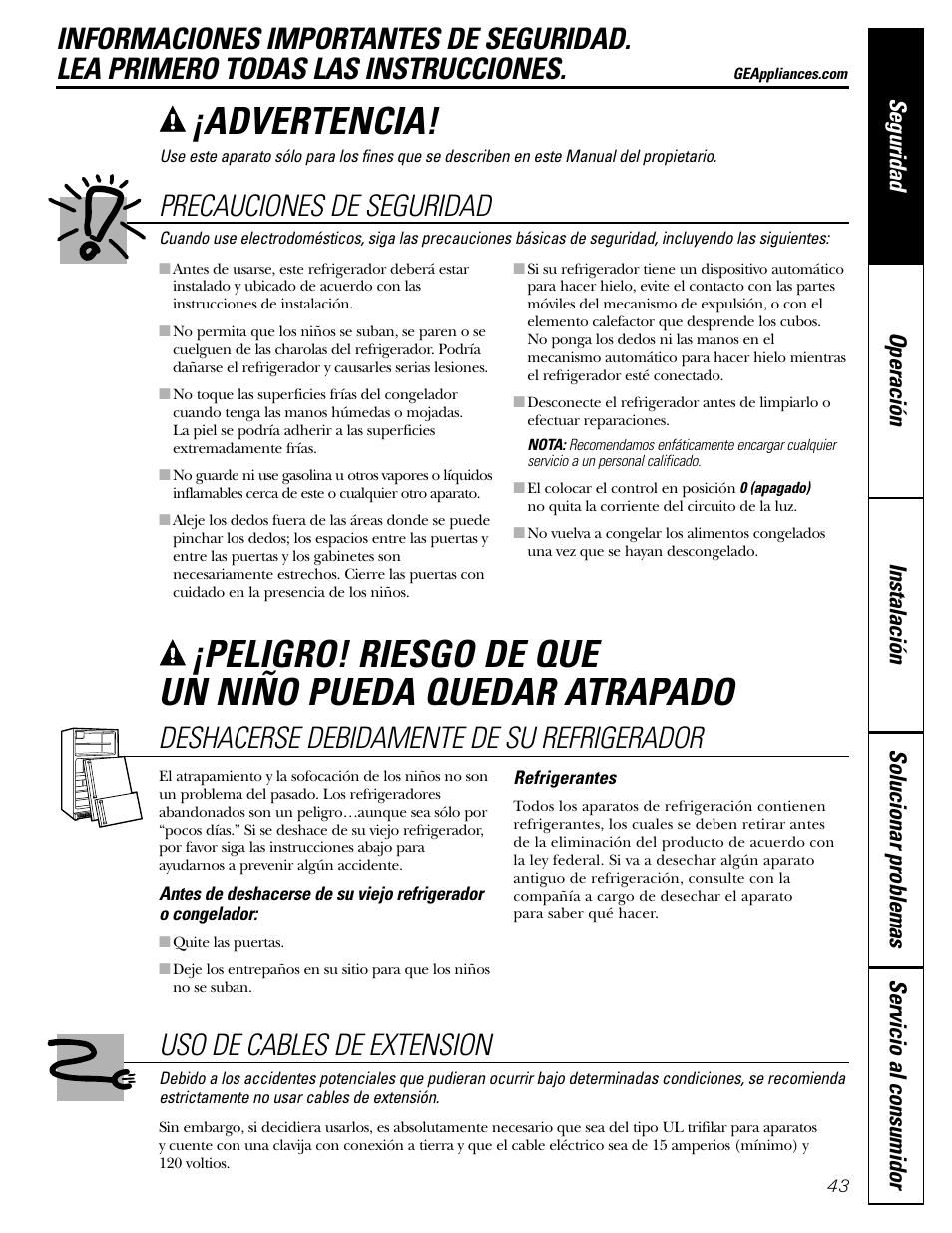 Información de seguridad, Advertencia, Precauciones de seguridad | Deshacerse debidamente de su refrigerador, Uso de cables de extension | GE 22 User Manual | Page 43 / 64