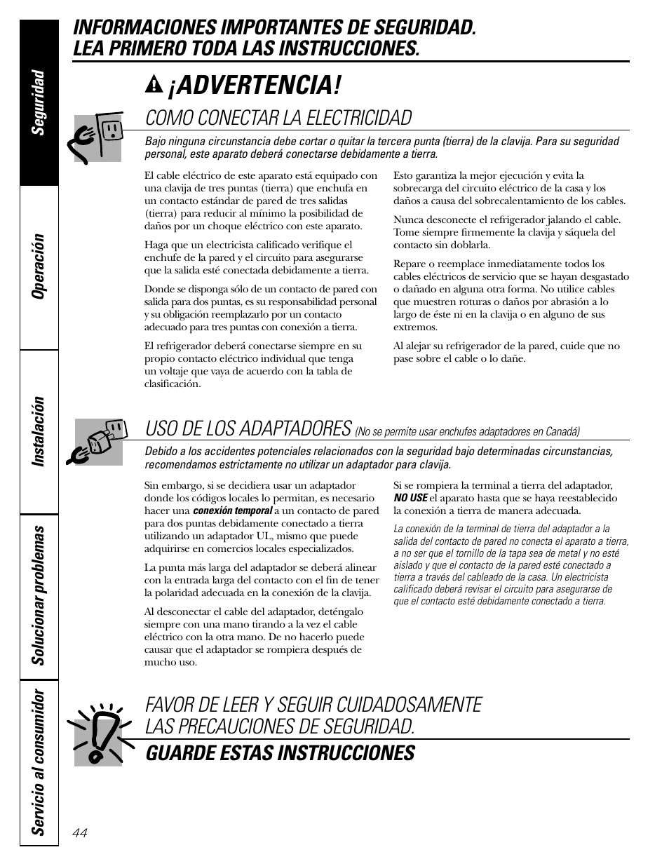 Advertencia, Como conectar la electricidad, Uso de los adaptadores | GE 22 User Manual | Page 44 / 64
