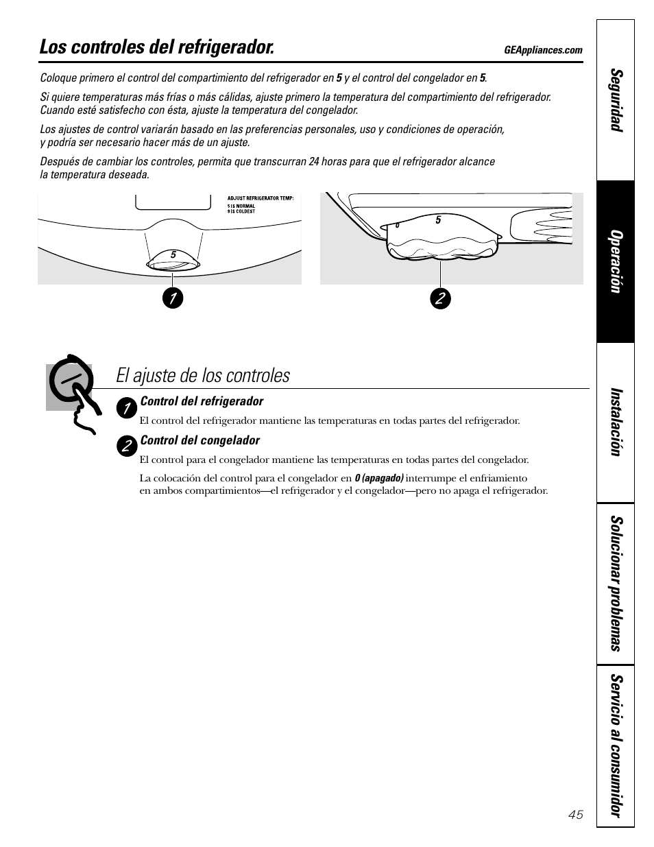 Controles, Los controles del refrigerador, El ajuste de los controles | GE 22 User Manual | Page 45 / 64