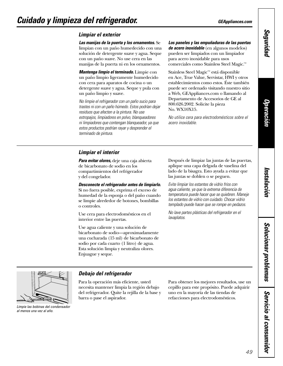 Limpieza, Limpieza , 50, Cuidado y limpieza del refrigerador | GE 22 User Manual | Page 49 / 64