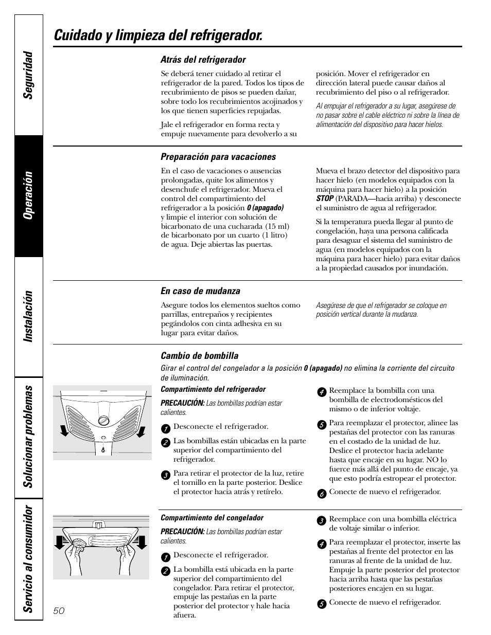 Cambio de bombilla, Cuidado y limpieza del refrigerador | GE 22 User Manual | Page 50 / 64