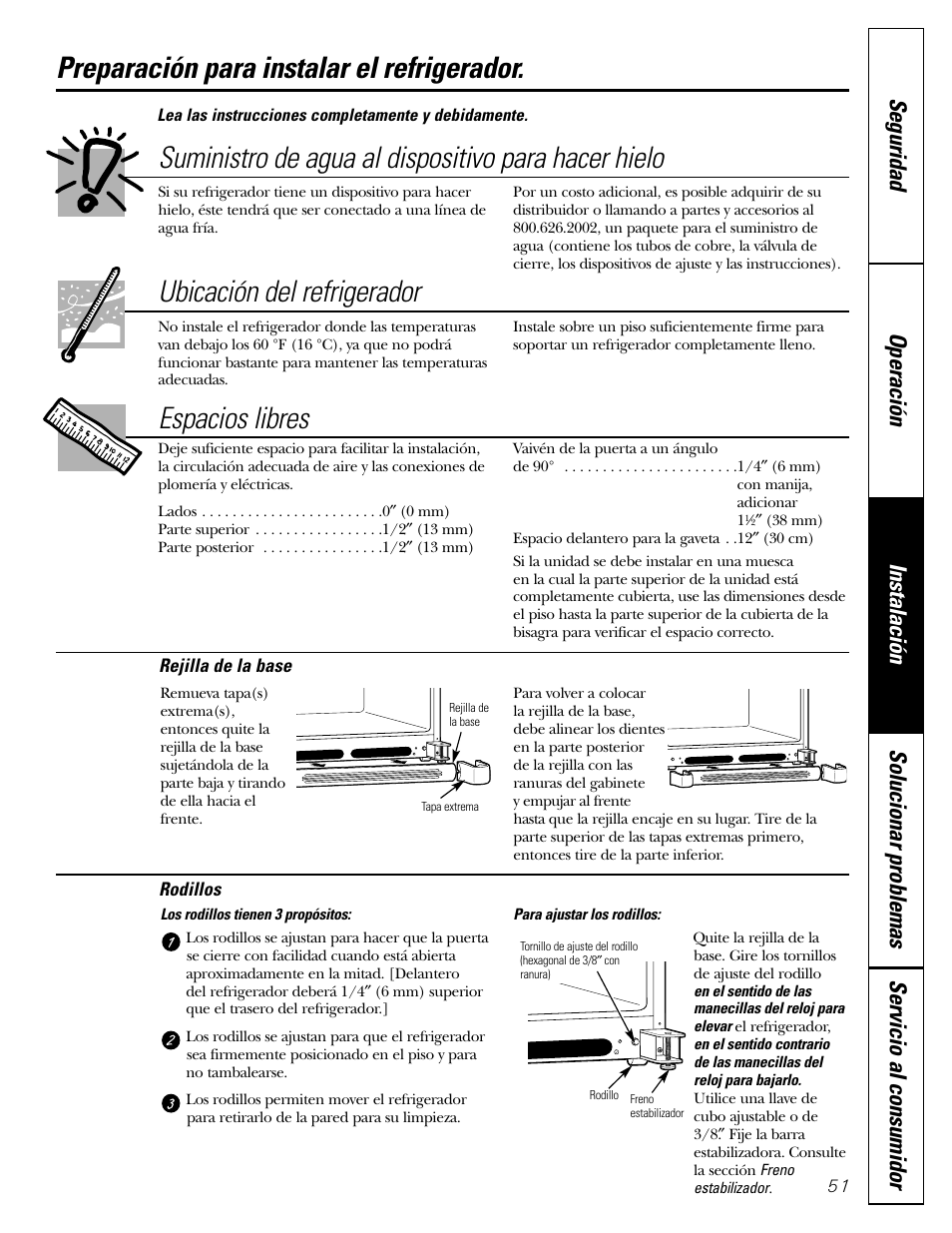 Preparación para instalar el refrigerador, Preparación para instalar el refrigerador , 52, Suministro de agua al dispositivo para hacer hielo | Ubicación del refrigerador, Espacios libres | GE 22 User Manual | Page 51 / 64