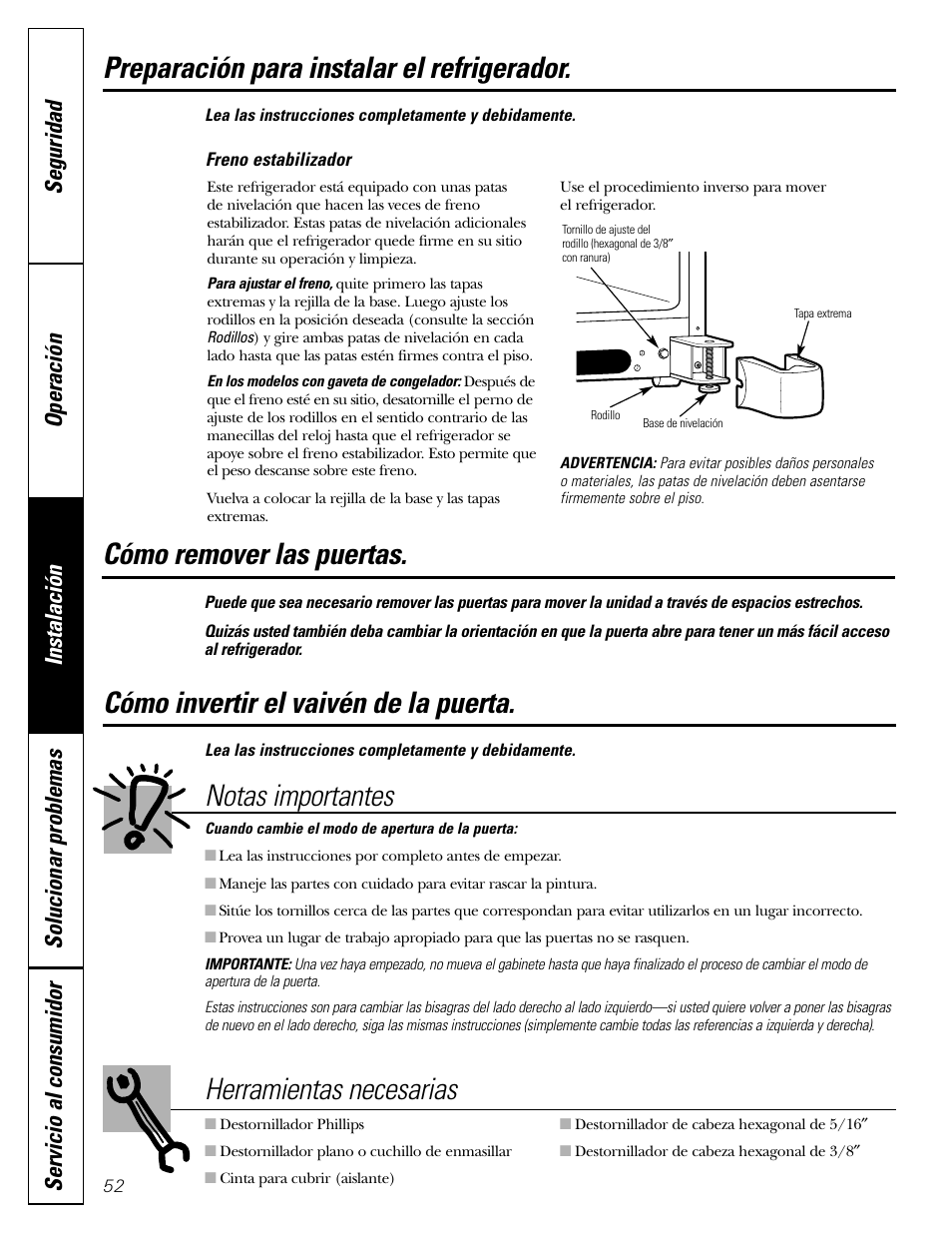 Cómo invertir el vaivén de la puerta, Cómo invertir el vaivén de la puerta –55, Preparación para instalar el refrigerador | Notas importantes, Herramientas necesarias, Cómo remover las puertas | GE 22 User Manual | Page 52 / 64