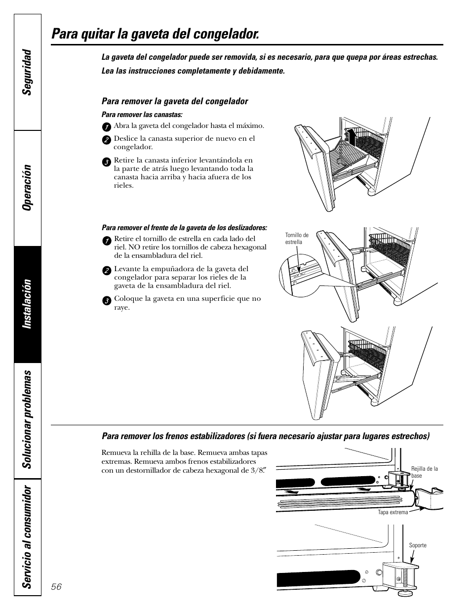 Para quitar la gaveta del congelador, Para quitar la gaveta del congelador , 57 | GE 22 User Manual | Page 56 / 64