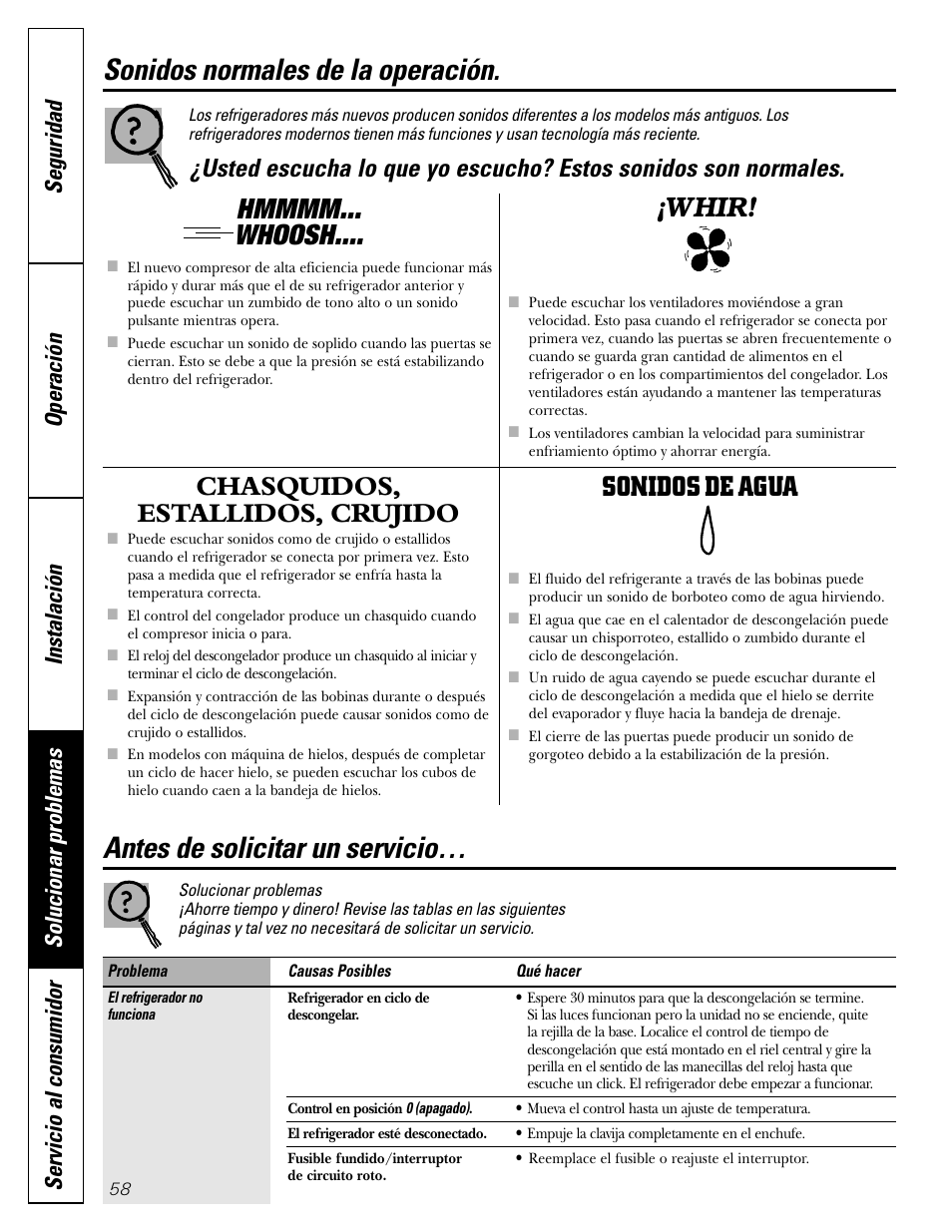 Solucionar problemas, Sonidos normales de la operación, Chasquidos, estallidos, crujido | Sonidos de agua, Whir | GE 22 User Manual | Page 58 / 64