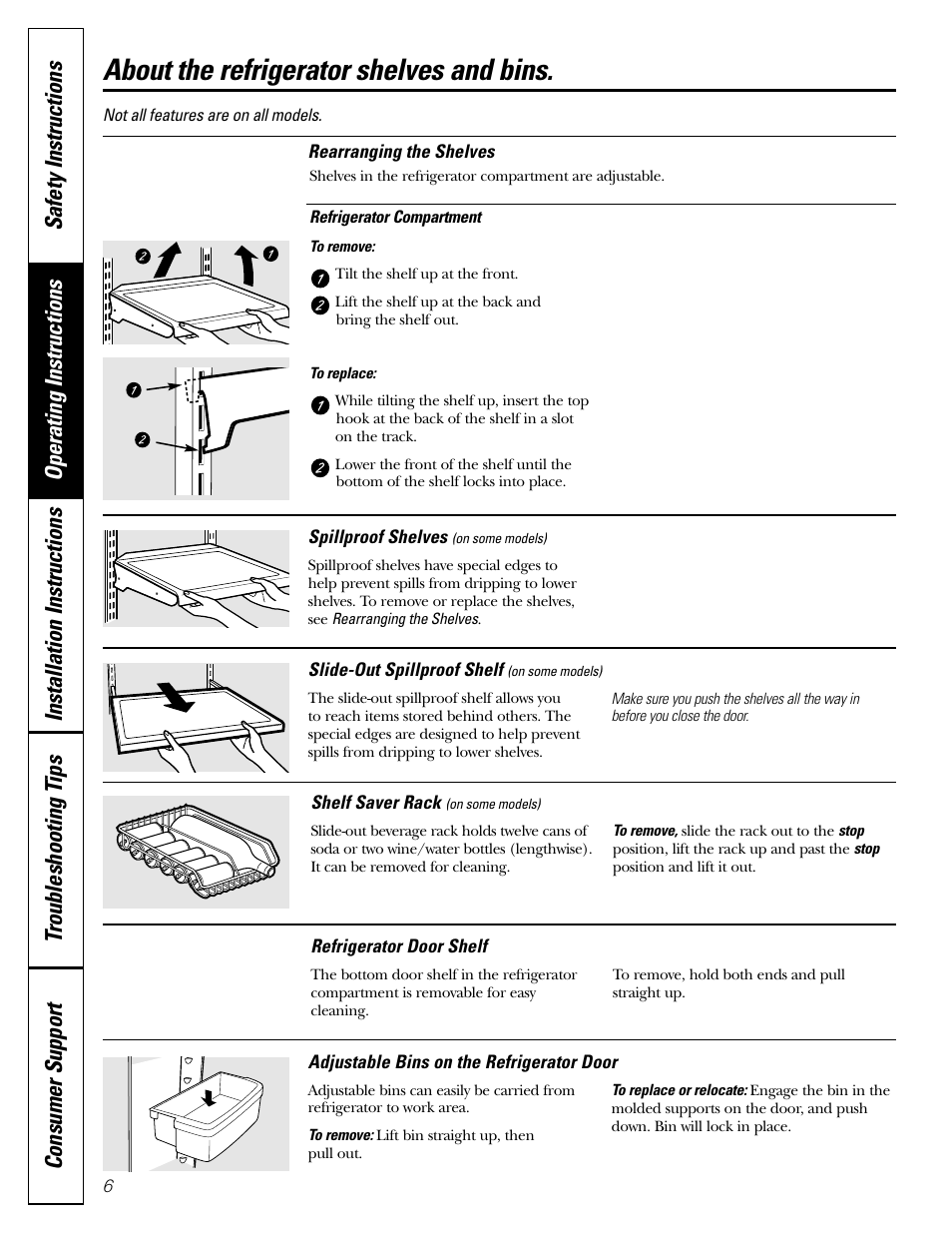 Features, Features , 7, About the refrigerator shelves and bins | GE 22 User Manual | Page 6 / 64