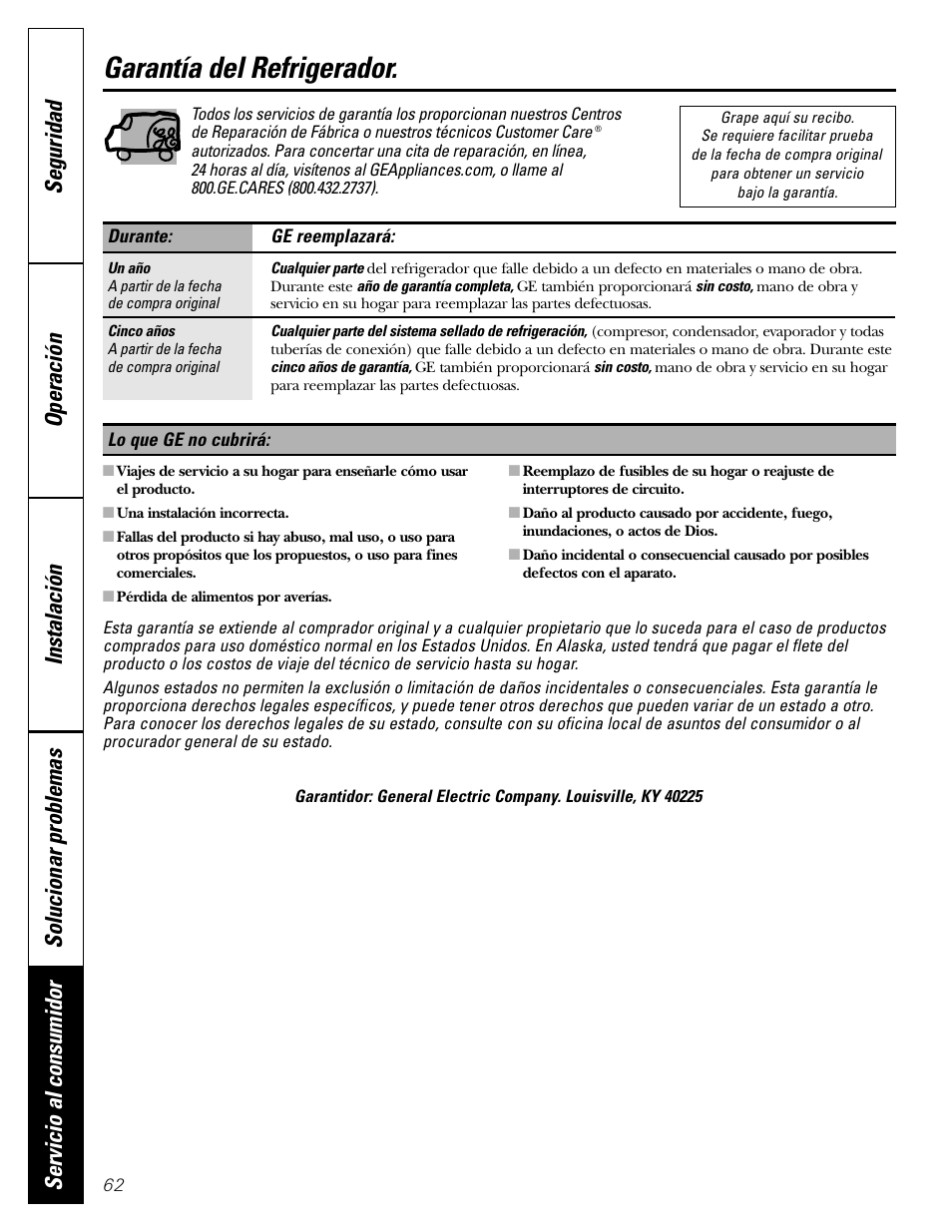 Garantía para consumidores en los estados unidos, Garantía del refrigerador | GE 22 User Manual | Page 62 / 64