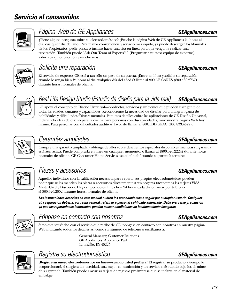 Servicio al consumidor, Solicite una reparación, Garantías ampliadas | Piezas y accesorios, Póngase en contacto con nosotros, Registre su electrodoméstico | GE 22 User Manual | Page 63 / 64