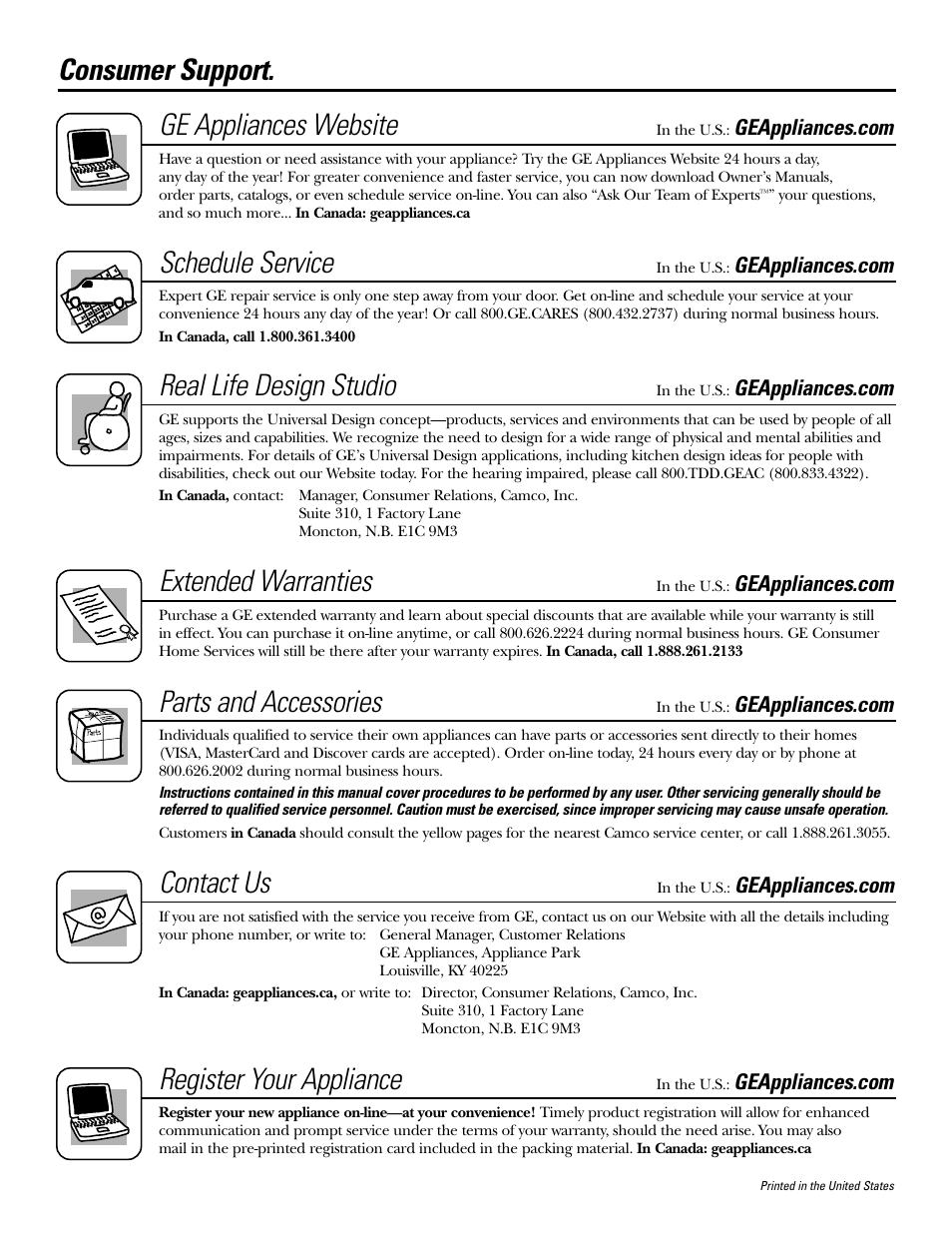 Consumer support, Consumer support . . . . .back cover, Consumer support. ge appliances website | Schedule service, Real life design studio, Extended warranties, Parts and accessories, Contact us, Register your appliance | GE 22 User Manual | Page 64 / 64