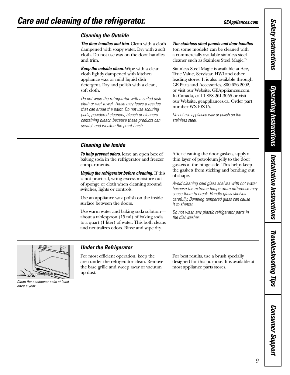 Cleaning, Cleaning , 10, Care and cleaning of the refrigerator | GE 22 User Manual | Page 9 / 64