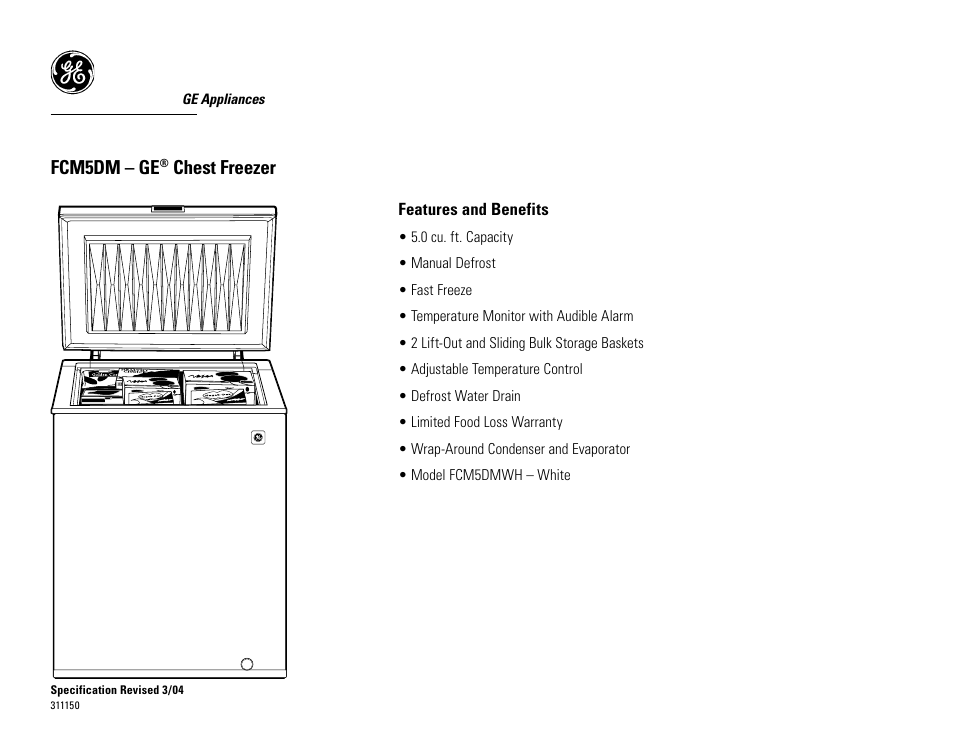 Fcm5dm – ge, Chest freezer | GE FCM5DMWH User Manual | Page 2 / 2