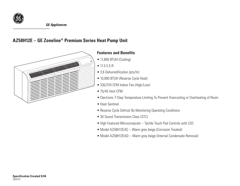 Az58h12e – ge zoneline, Premium series heat pump unit | GE Zoneline AZ58H12EAD User Manual | Page 2 / 2