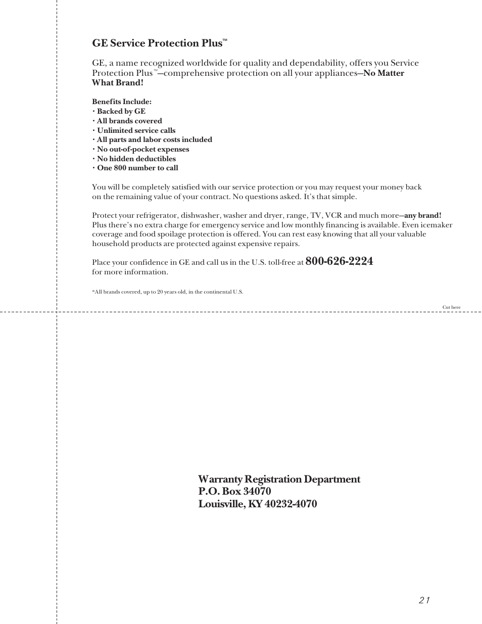 We’ll cover any appliance. anywhere. anytime, General electric company | GE JE1050 User Manual | Page 21 / 24