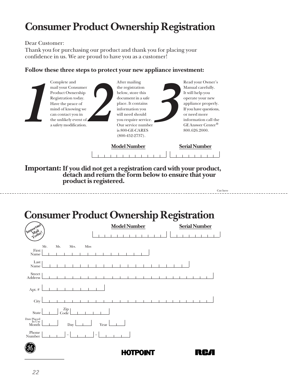 Product registration, Consumer product ownership registration, Important | GE JE1050 User Manual | Page 22 / 24