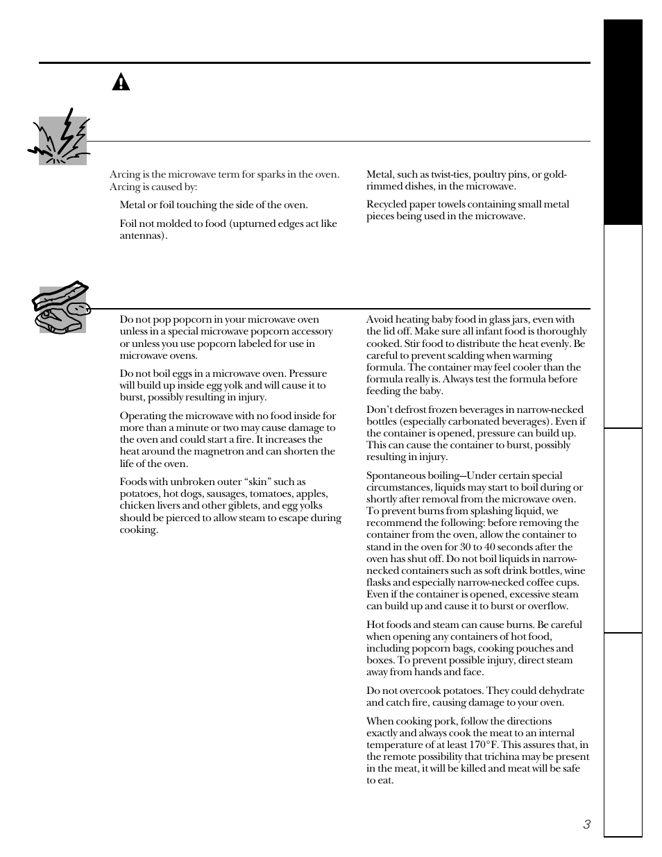 Arcing, Foods, Warning | GE JE1050 User Manual | Page 3 / 24