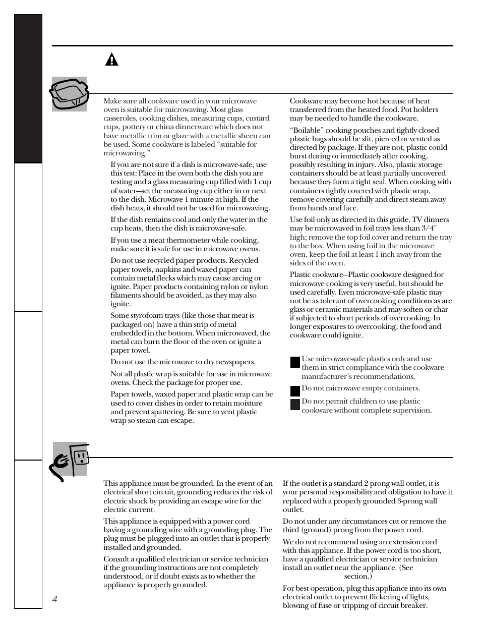 Microwave-safe cookware, Grounding instructions, Warning | GE JE1050 User Manual | Page 4 / 24