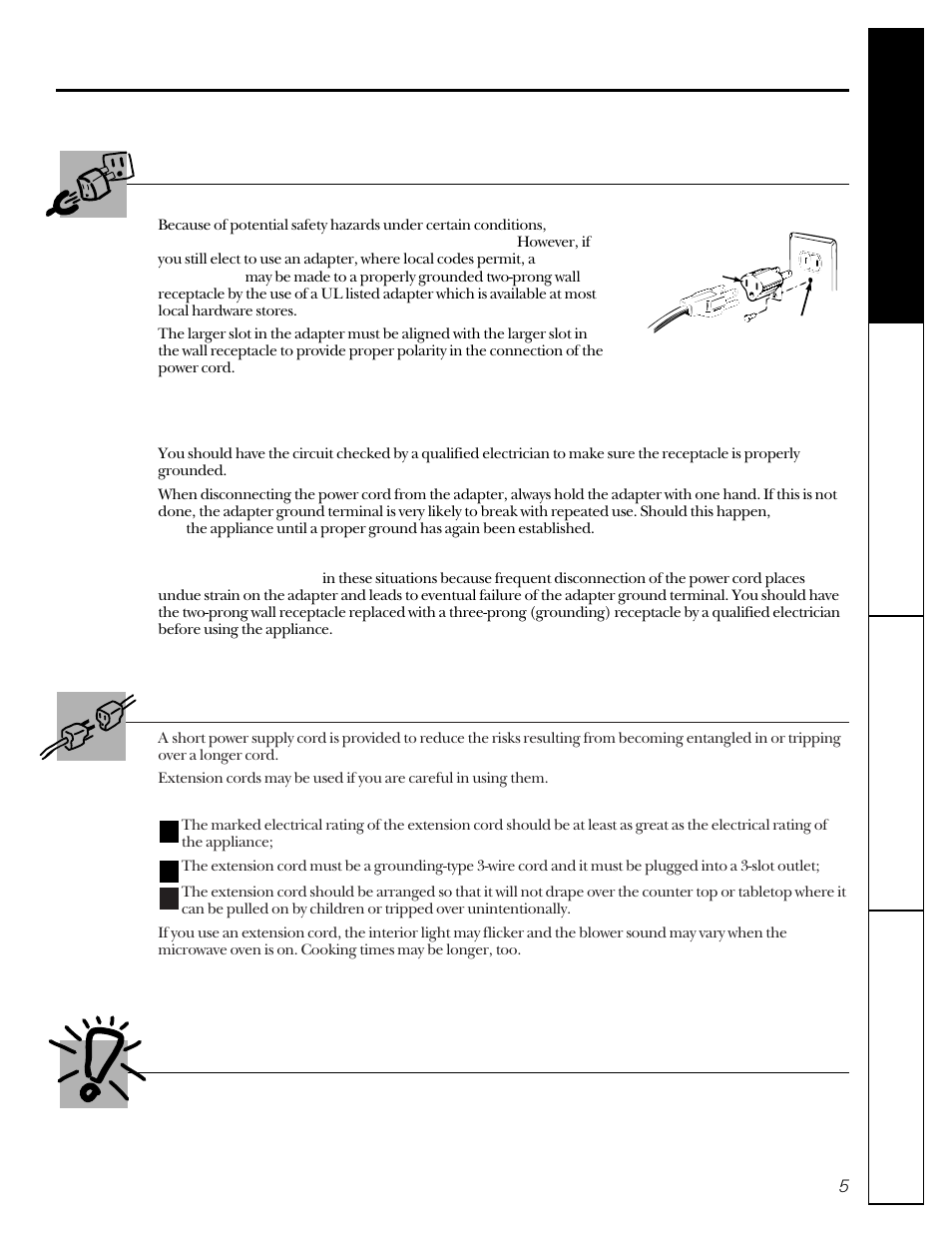 Adapter plugs, Extension cords | GE JE1050 User Manual | Page 5 / 24