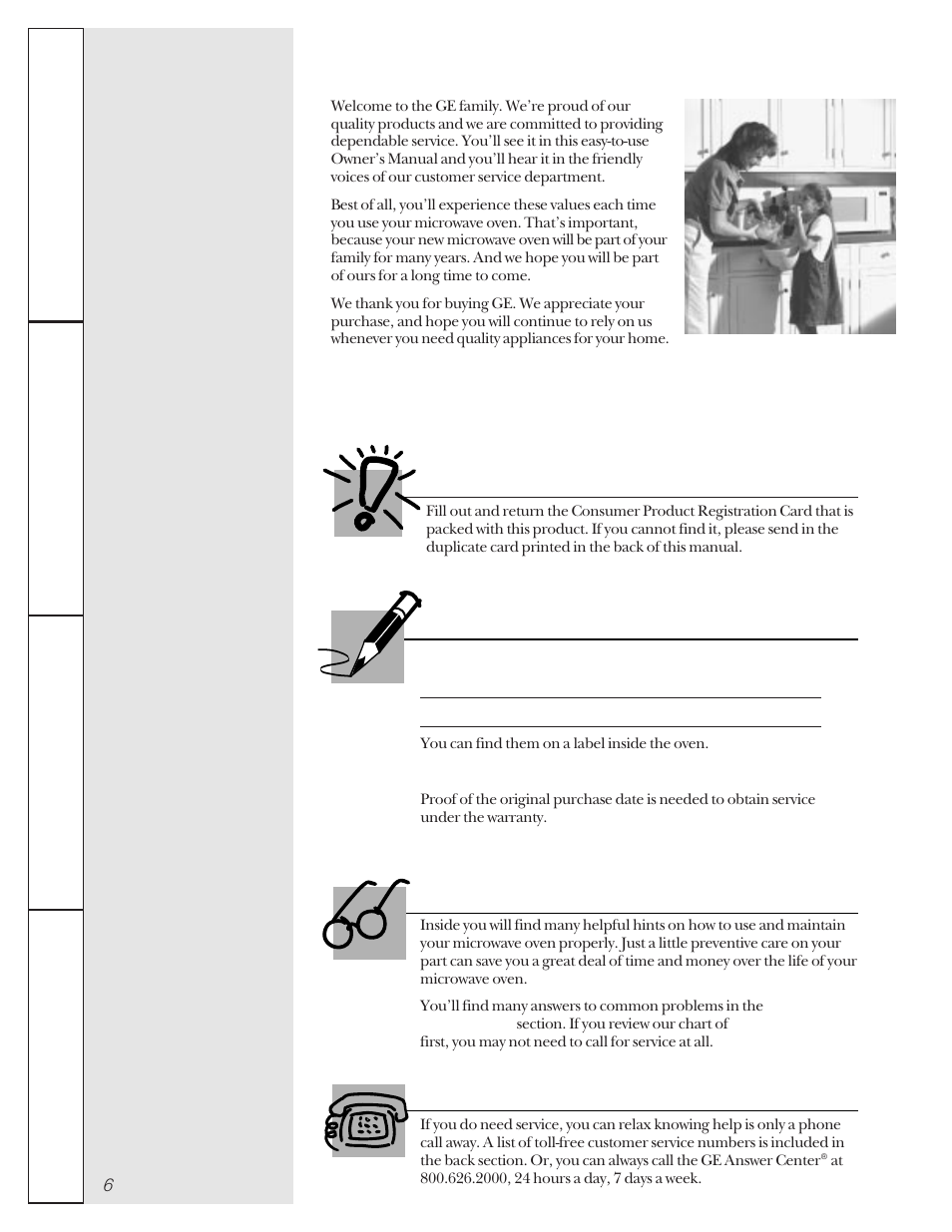 Safety information, Operating instructions, Troubleshooting tips | Customer service, Ge & you, a service partnership, For your records, Read this manual if you need service, Important | GE JE1050 User Manual | Page 6 / 24