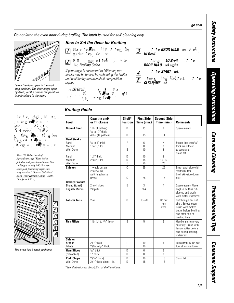 Broiling, broiling guide, How to set the oven for broiling, Broiling guide 13 | GE JBP83 User Manual | Page 13 / 40