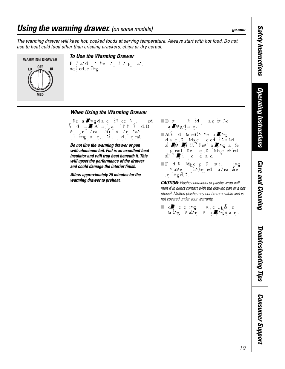 Warming drawer, Warming drawer , 20, Using the warming drawer | GE JBP83 User Manual | Page 19 / 40