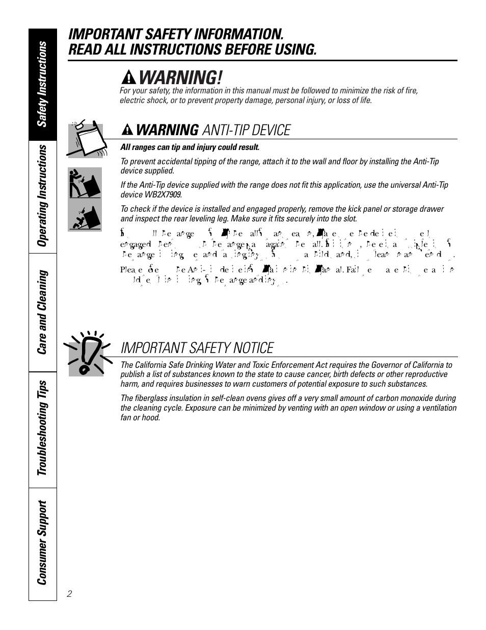 Safety instructions, Warning, Anti-tip device important safety notice | GE JBP83 User Manual | Page 2 / 40