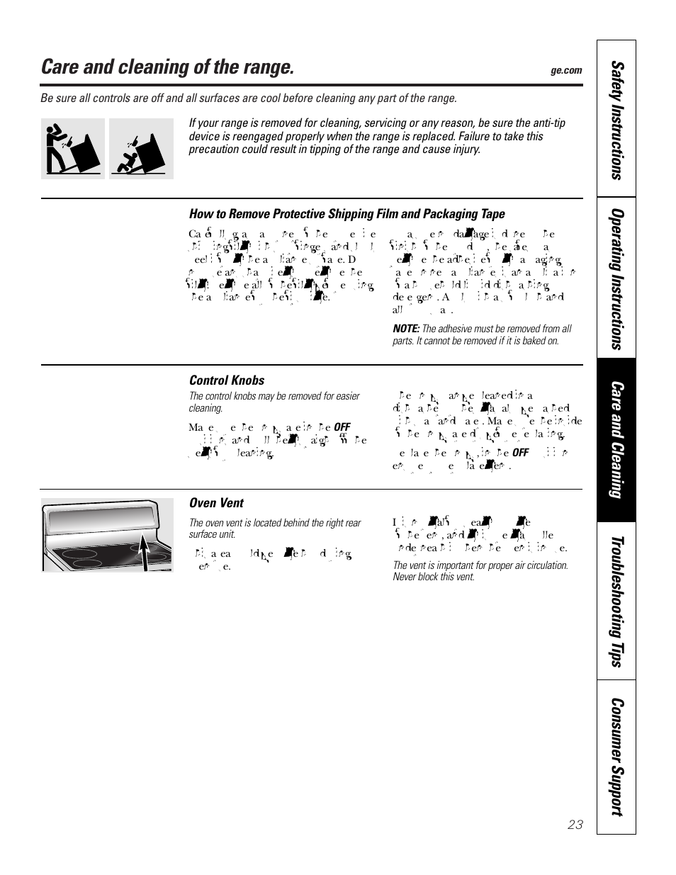 Care and cleaning, Control knobs, Oven vent | Care and cleaning of the range | GE JBP83 User Manual | Page 23 / 40