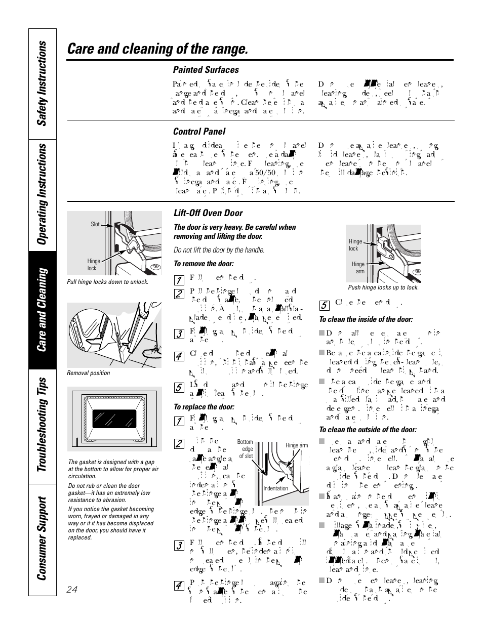 Lift-off oven door, Care and cleaning of the range | GE JBP83 User Manual | Page 24 / 40