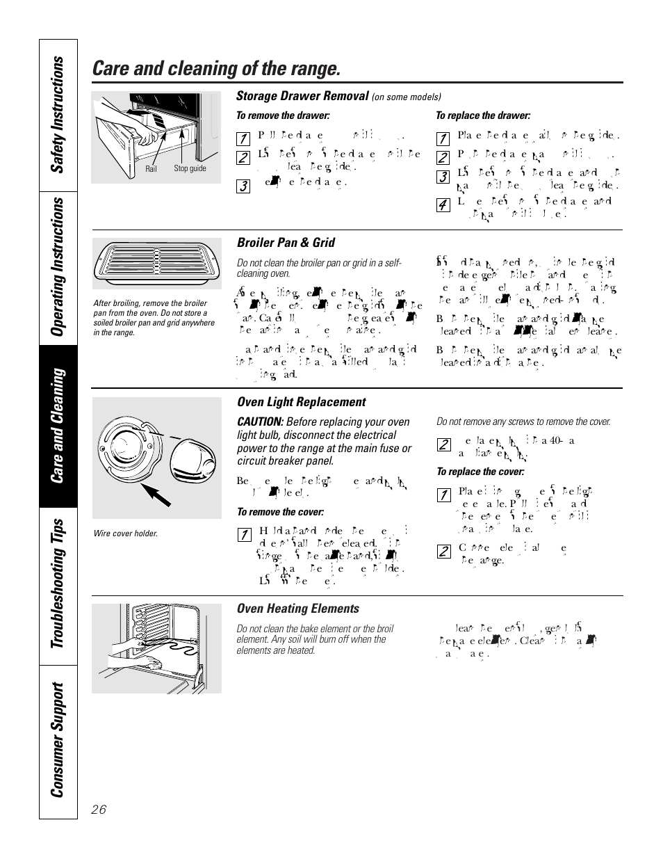 Broiler pan & grid, Light, Storage drawer | Care and cleaning of the range | GE JBP83 User Manual | Page 26 / 40
