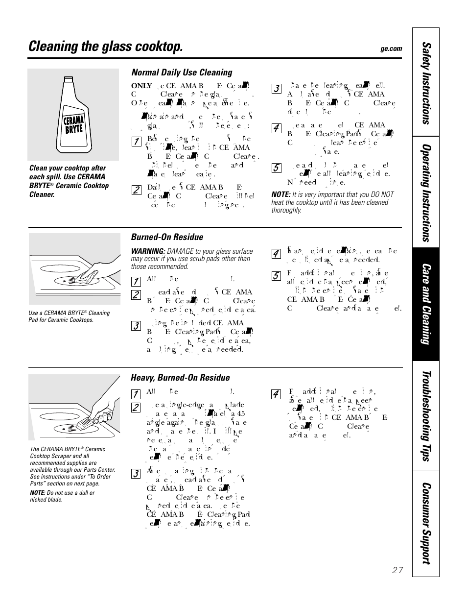 Glass cooktop, Cleaning the glass cooktop | GE JBP83 User Manual | Page 27 / 40