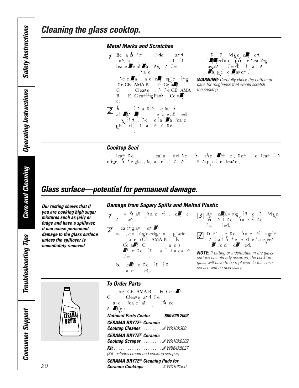 Cleaning the glass cooktop, Glass surface—potential for permanent damage | GE JBP83 User Manual | Page 28 / 40