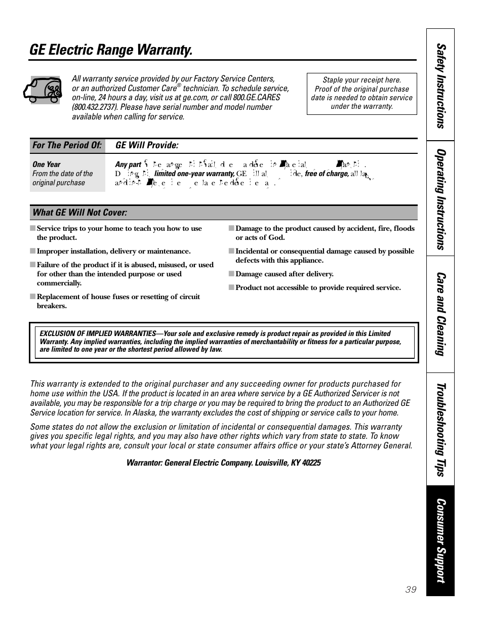 Warranty, Ge electric range warranty | GE JBP83 User Manual | Page 39 / 40