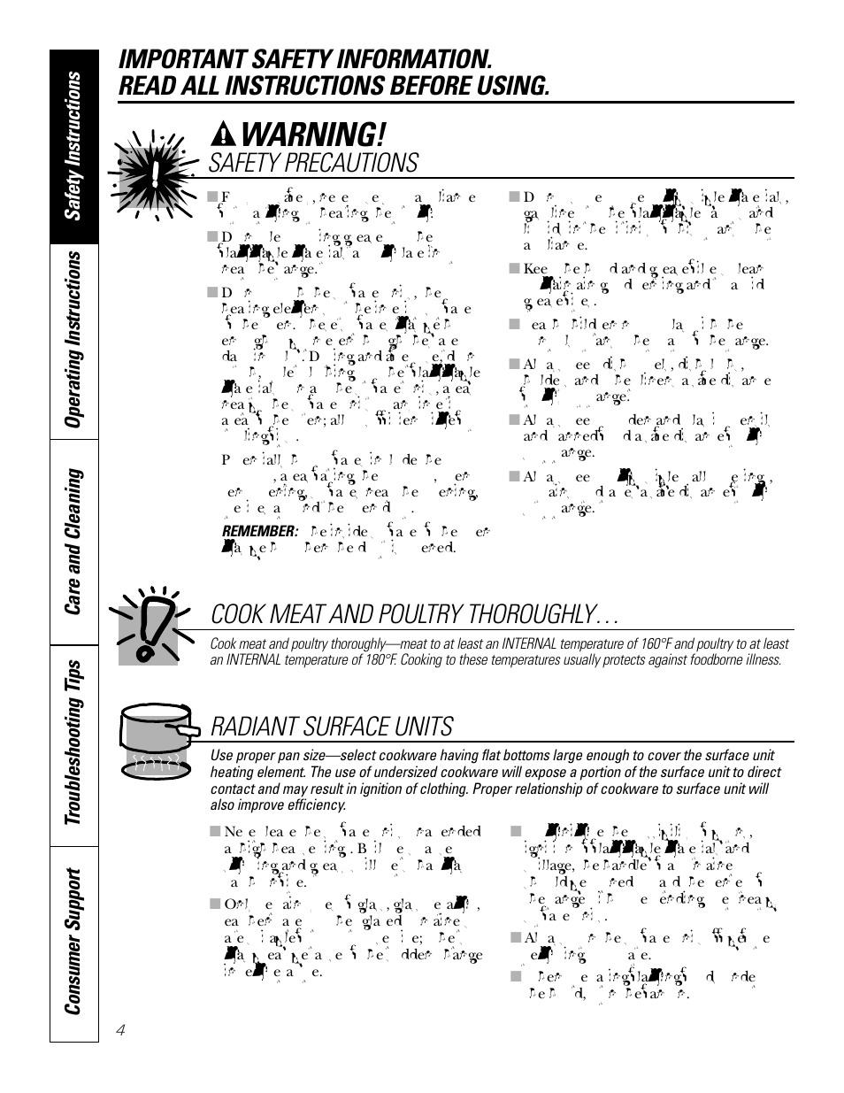 Warning, Safety precautions, Cook meat and poultry thoroughly | Radiant surface units | GE JBP83 User Manual | Page 4 / 40