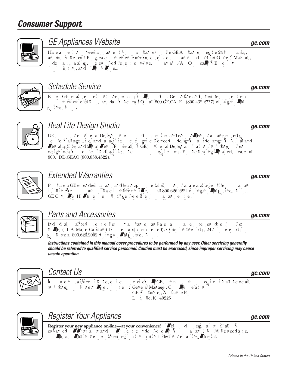 Consumer support, Consumer support. ge appliances website, Schedule service | Real life design studio, Extended warranties, Parts and accessories, Contact us, Register your appliance | GE JBP83 User Manual | Page 40 / 40