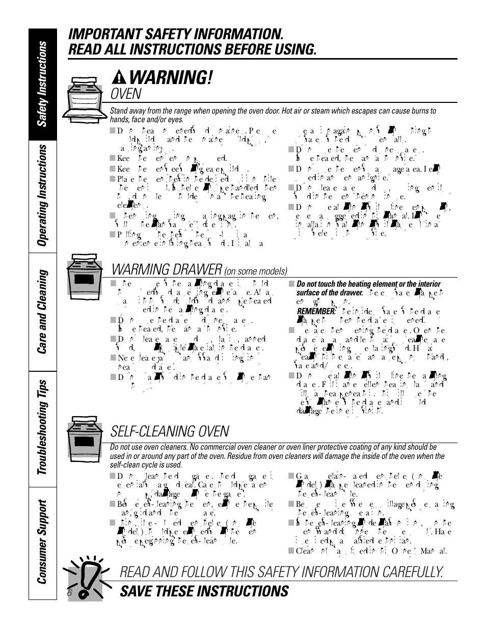 Warning, Oven, Warming drawer | Self-cleaning oven | GE JBP83 User Manual | Page 6 / 40