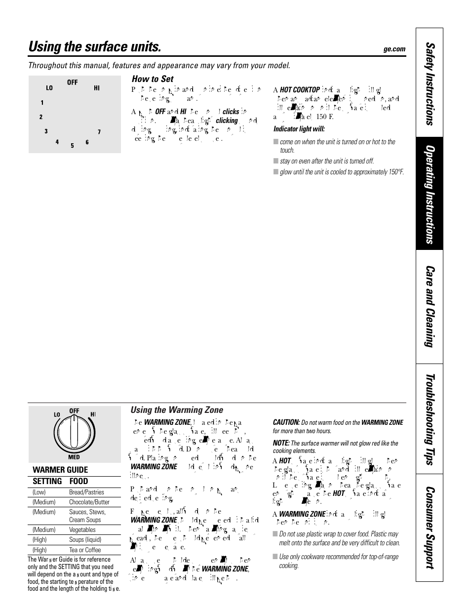 Operating instructions, Surface units, Using the surface units | GE JBP83 User Manual | Page 7 / 40