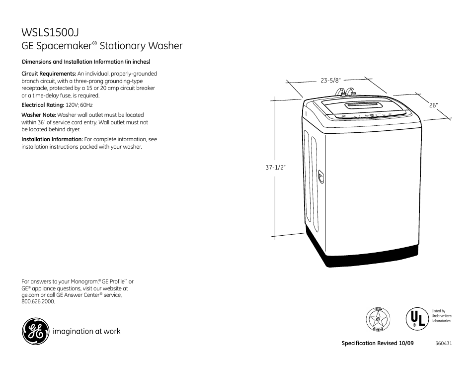 GE Spacemaker WSLS1500J User Manual | 3 pages