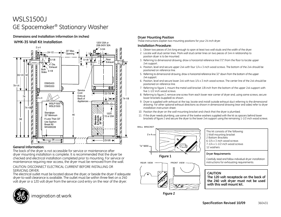 Wsls1500j, Ge spacemaker, Stationary washer | Wmk-35 wall kit installation | GE Spacemaker WSLS1500J User Manual | Page 2 / 3