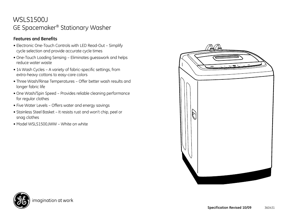 Wsls1500jww, Wsls1500j, Ge spacemaker | Stationary washer | GE Spacemaker WSLS1500J User Manual | Page 3 / 3