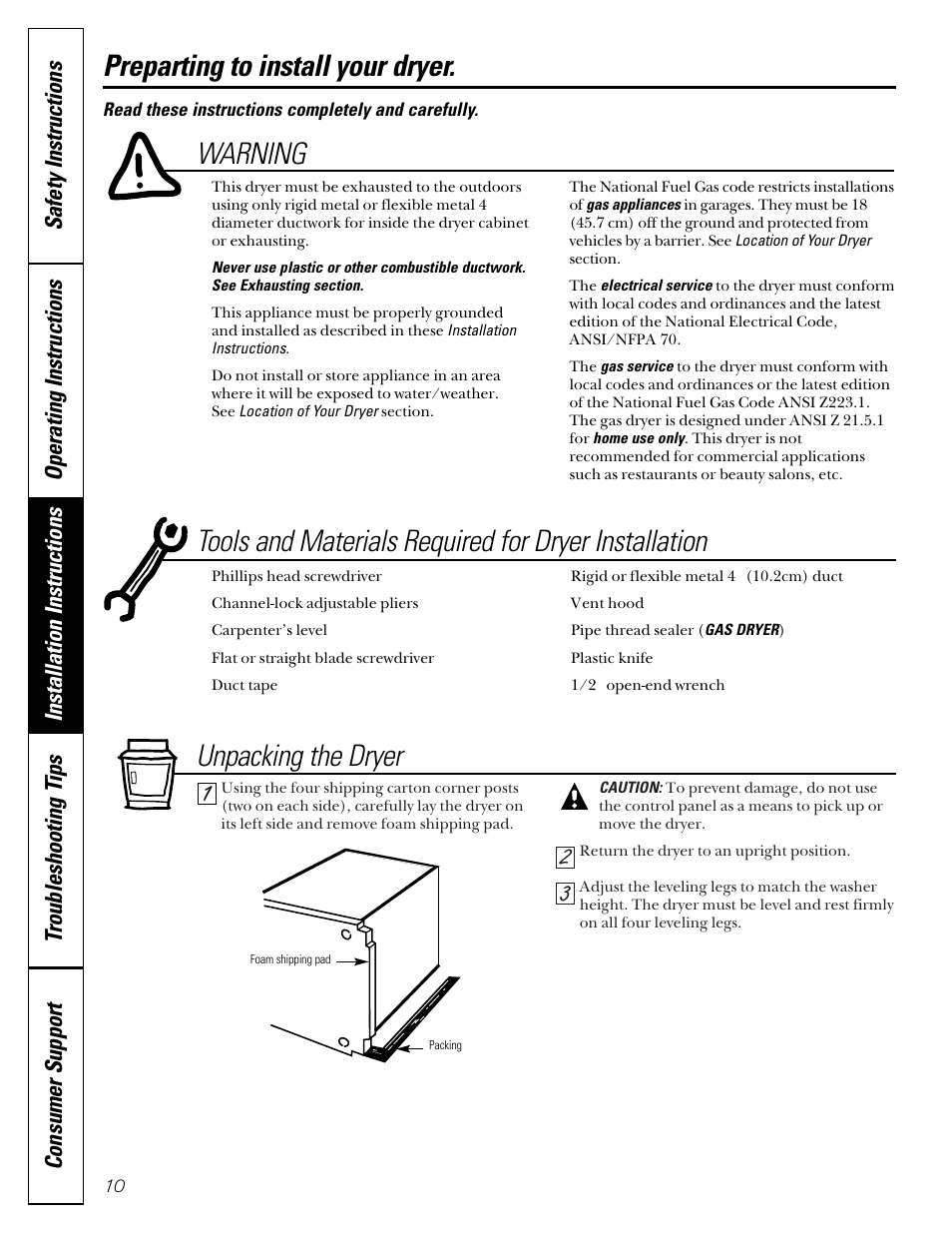 Preparing to install the dryer, Warning, Unpacking the dryer | GE DVL223 User Manual | Page 10 / 24