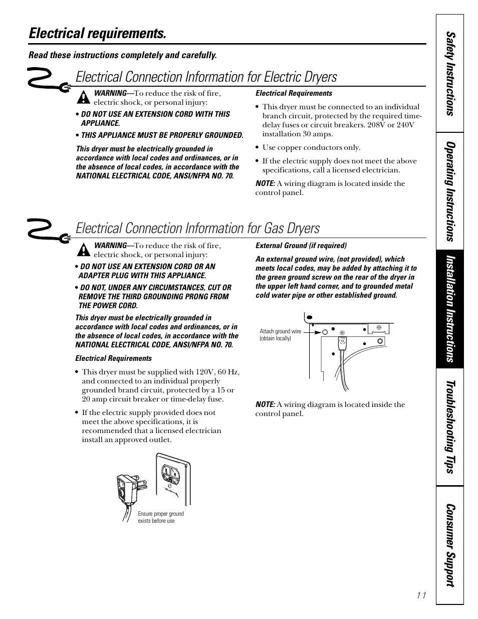 Electrical requirements, Electrical connection information for gas dryers | GE DVL223 User Manual | Page 11 / 24