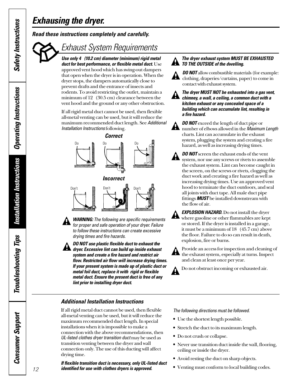 Exhausing the dryer, Exhaust system requirements exhausing the dryer | GE DVL223 User Manual | Page 12 / 24