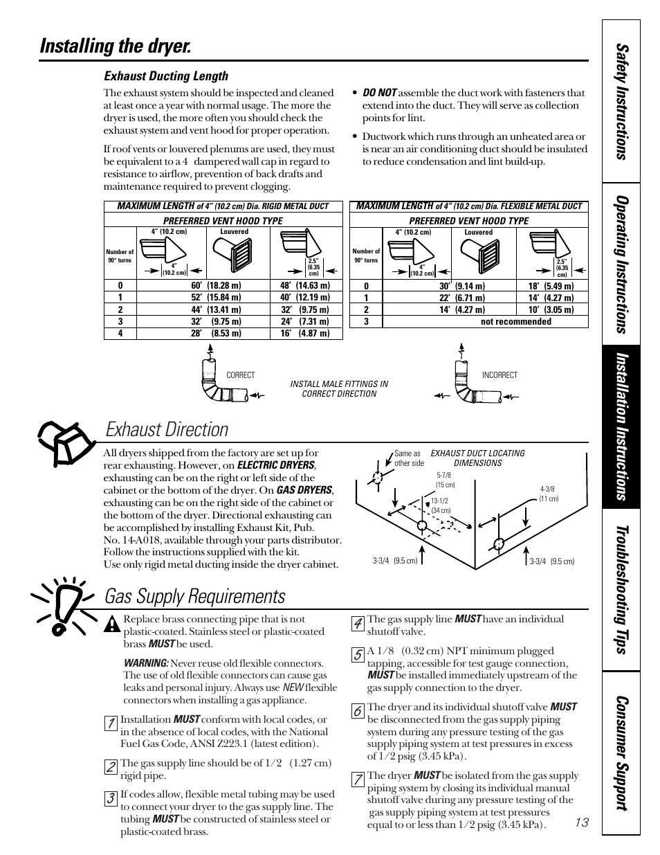 Installing the dryer, Installing the dryer –19, Exhaust direction | Gas supply requirements, Exhaust ducting length | GE DVL223 User Manual | Page 13 / 24