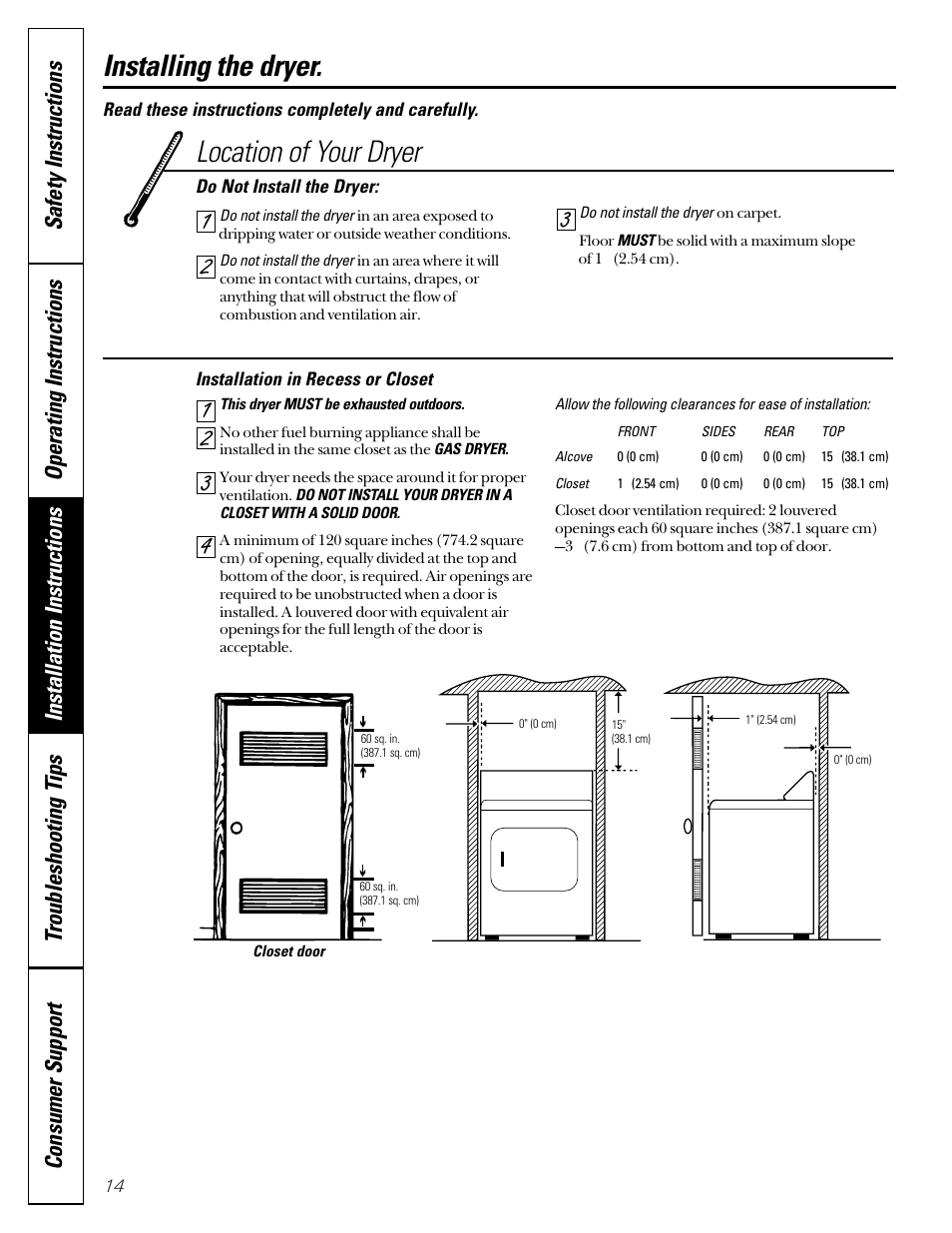 Location of your dryer installing the dryer | GE DVL223 User Manual | Page 14 / 24