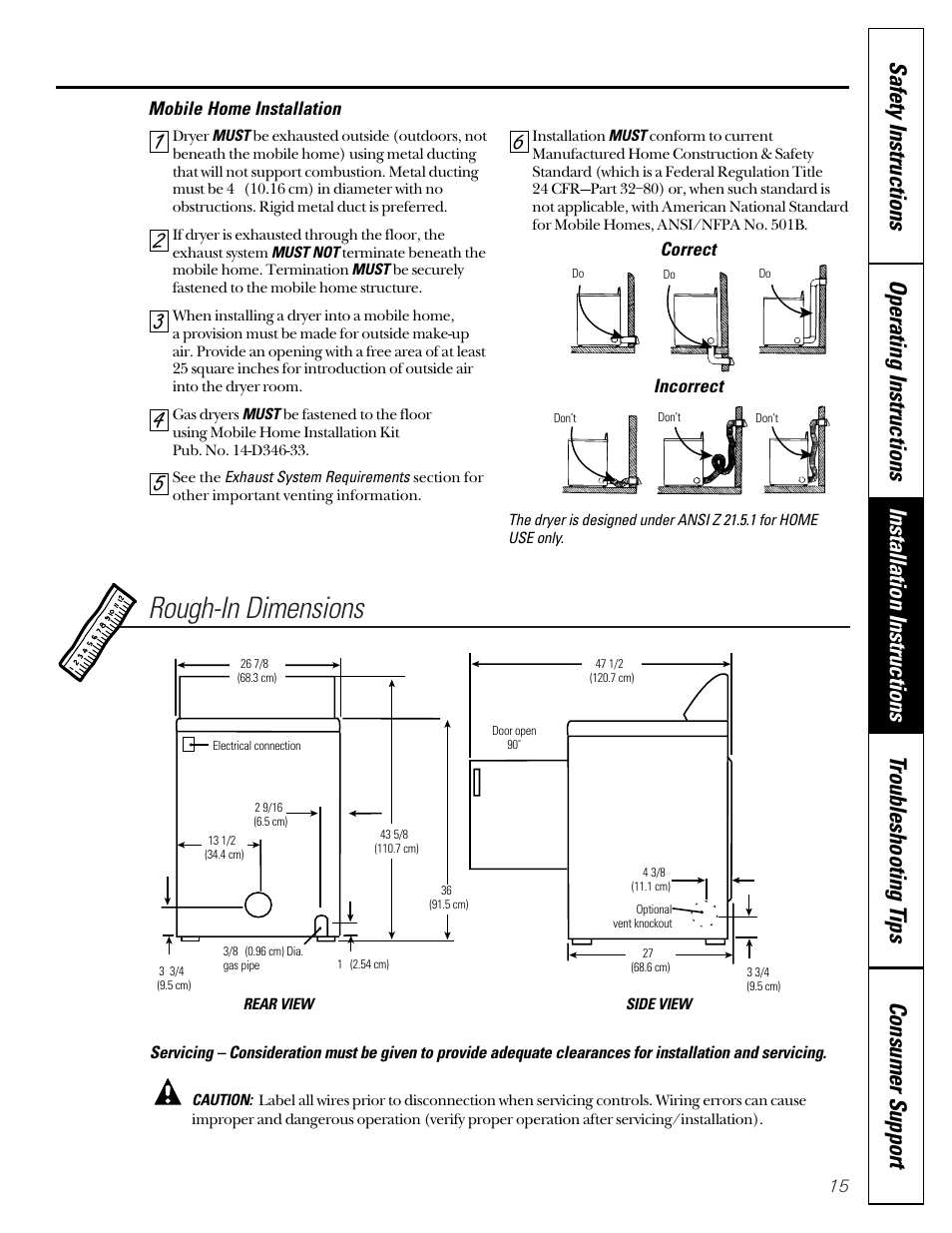 Rough-in dimensions, Mobile home installation, Correct incorrect | GE DVL223 User Manual | Page 15 / 24
