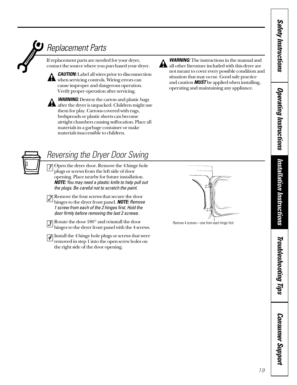 Reversing the dryer door swing, Replacement parts | GE DVL223 User Manual | Page 19 / 24