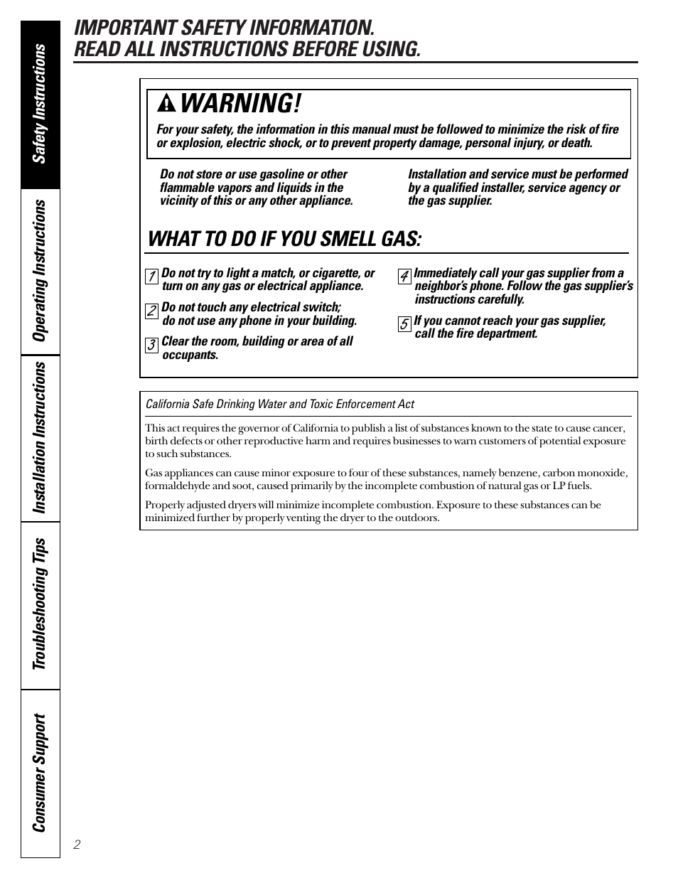Safety information, Warning, What to do if you smell gas | GE DVL223 User Manual | Page 2 / 24