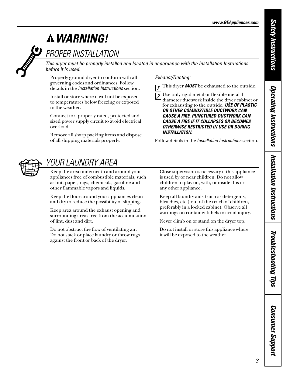 Proper installation, Warning, Your laundry area | GE DVL223 User Manual | Page 3 / 24