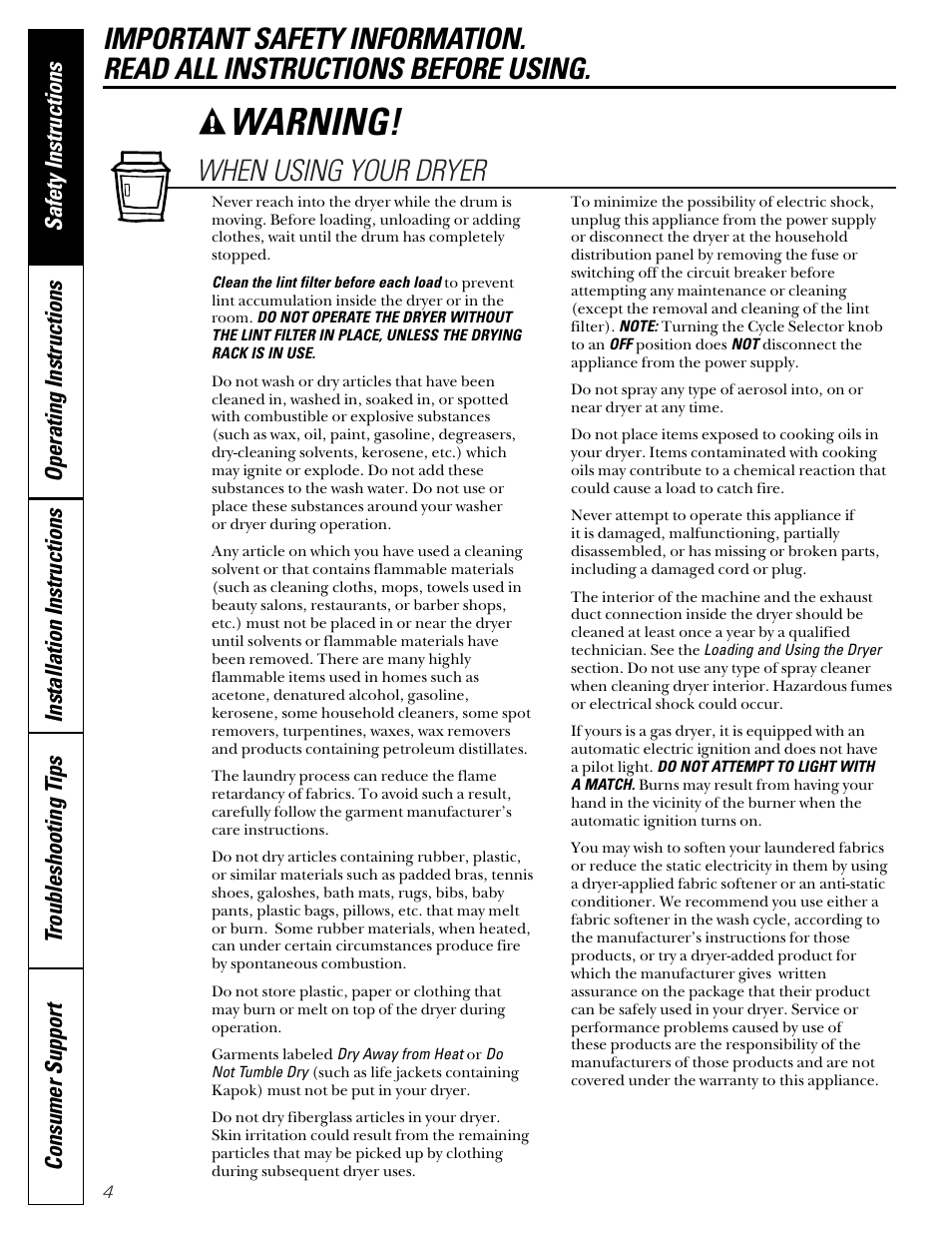 When using the dryer, Warning, When using your dryer | GE DVL223 User Manual | Page 4 / 24