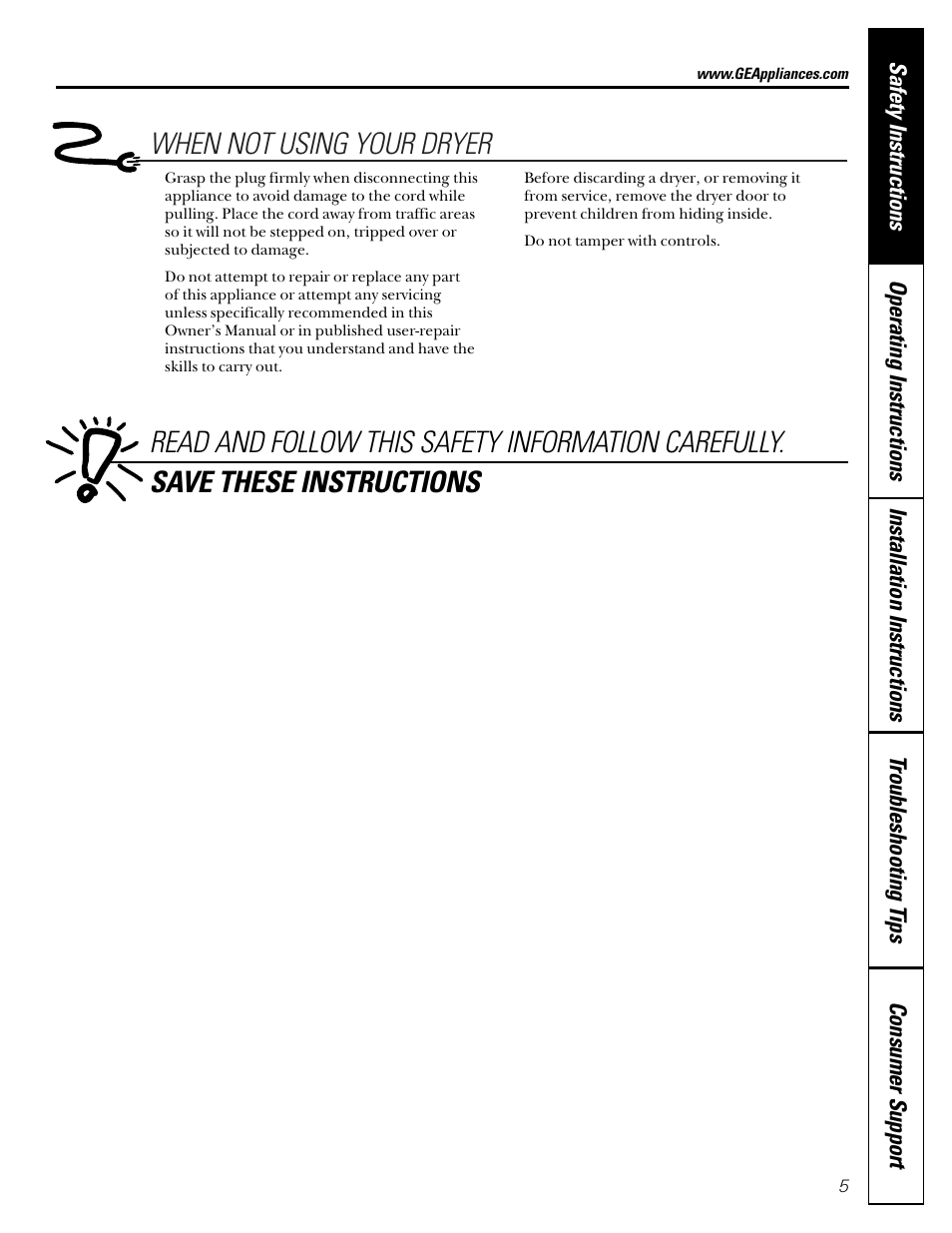 When not using your dryer | GE DVL223 User Manual | Page 5 / 24