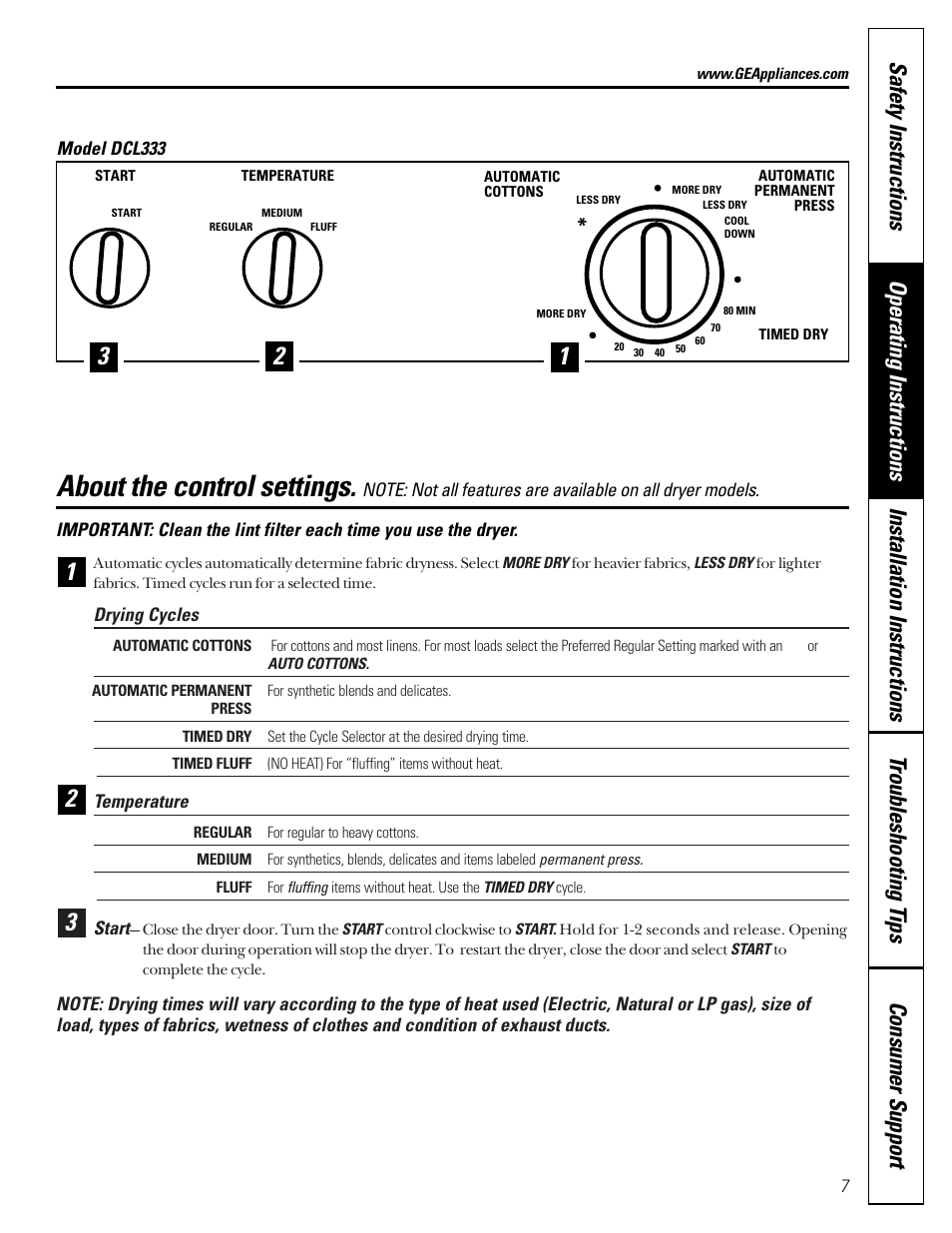 Control settings, About the control settings | GE DVL223 User Manual | Page 7 / 24